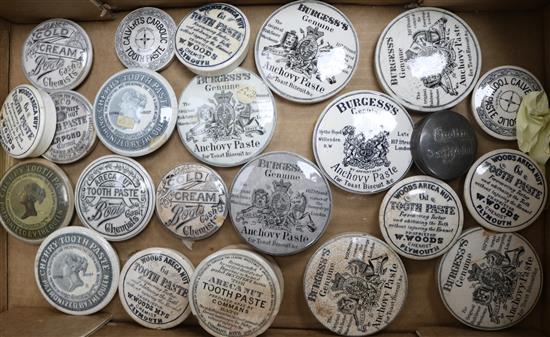 Twenty three Victorian pot lids, for toothpaste, cold cream and anchovy paste